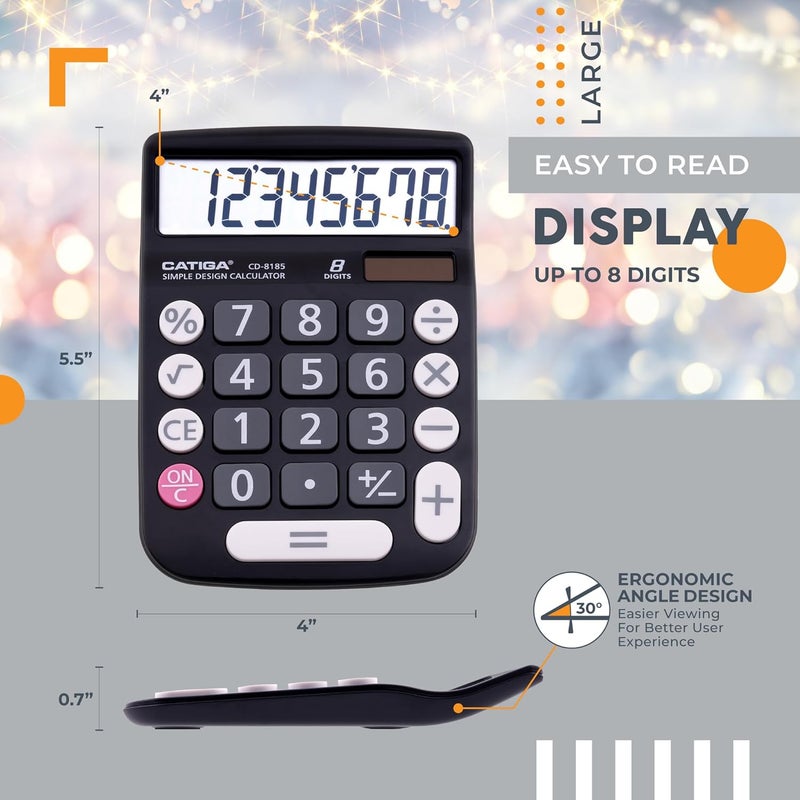 CATIGA Desktop Calculator 8 Digit with Solar Power and Easy to Read LCD Display, Big Buttons, for Home, Office, School, Class and Business, 4 Function Small Basic Calculators for Desk, CD-8185 Black - Image 4